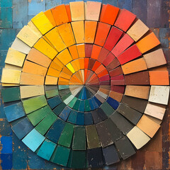 A circular color wheel created with painted wood samples.