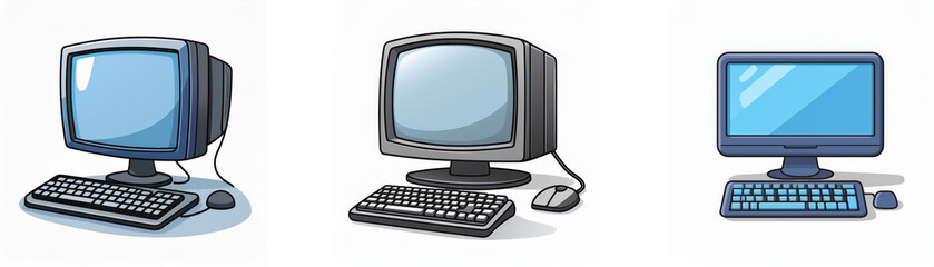 Aufkleber - Three computer desktops are shown. Each desktop includes a monitor, keyboard, and mouse.