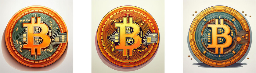 Poster - Three stylized representations of a bitcoin cryptocurrency coin, each with a unique design.