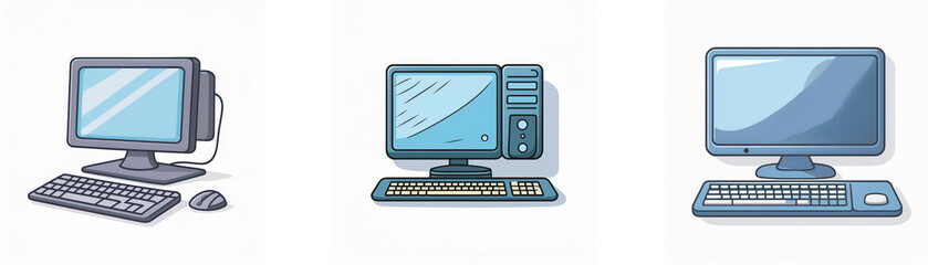 Fototapete - Three cartoon illustrations of desktop computers, each with a monitor, keyboard, and mouse.