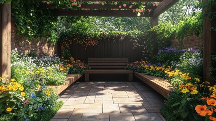 Tranquil garden retreat, vibrant flowers, inviting benches, serene space for family relaxation, enjoyment of nature's beauty