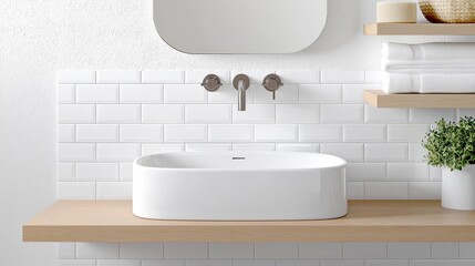 Glossy subway tiles in a small bathroom, bright and airy, open shelving, floating sink, soft colors, perfect balance of simplicity and luxury