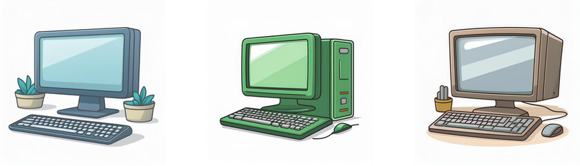 Aufkleber - Three cartoon illustrations of computers.  Each computer is a different color, with a matching keyboard and mouse.
