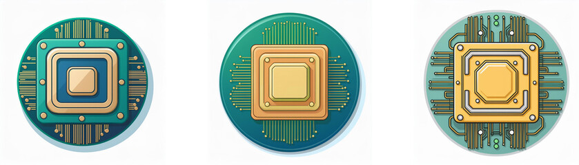 Poster - Three circular icons with a stylized illustration of a computer chip in the center.