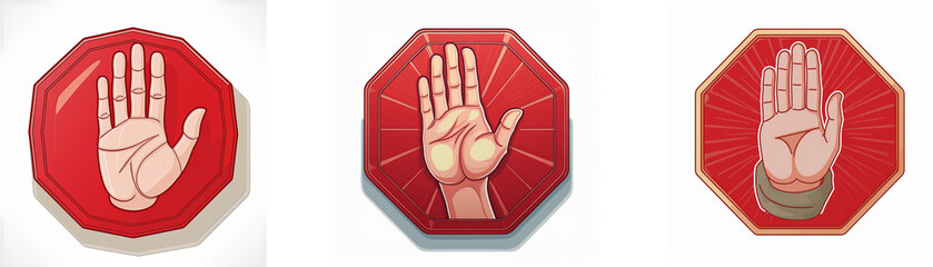 Aufkleber - Three octagonal stop signs with a white hand in the center, each sign has a different design.
