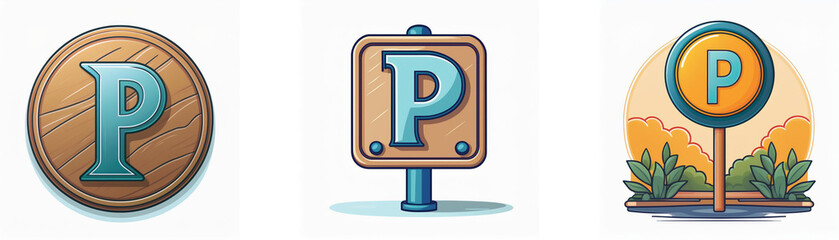 Aufkleber - Three cartoon illustrations of the letter P, each with a unique design and background.