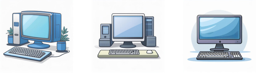 Aufkleber - Three cartoon desktop computer illustrations with keyboards and monitors.