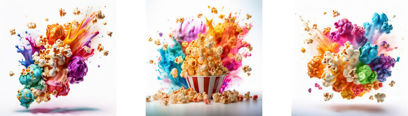 Poster - A colorful explosion of popcorn, with some spilling from a striped container and other pieces scattered around it on a white background.