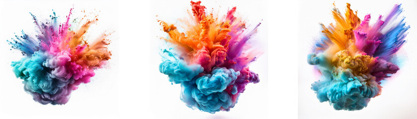 Poster - Three colorful explosions of paint on a white background.