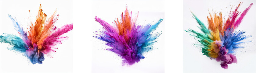 Three colorful powder explosions in various colors.