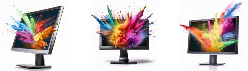 Poster - Three computer monitors are shown.  Each screen has a burst of colorful powder exploding from the center.