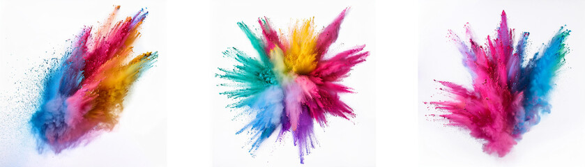 Poster - three abstract colorful powder explosions on a white background.