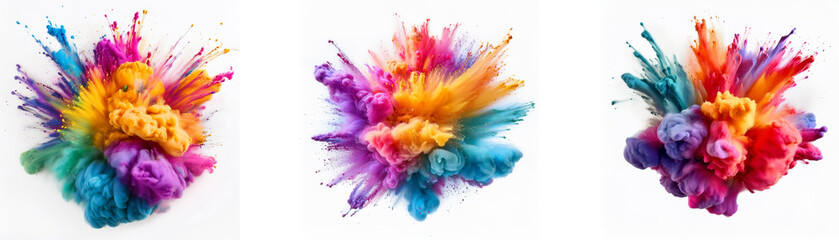 Poster - Three vibrant, colorful powder explosions on a white background