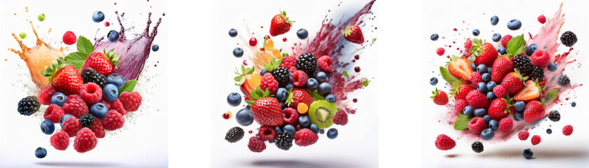 Aufkleber - Three splashes of colorful liquid with assorted fresh fruit and berries