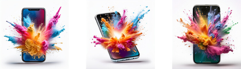 Poster - Three smartphones with vibrant color explosions emerging from their screens.