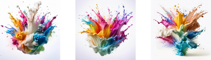 Poster - three colorful liquid explosions on a white background.