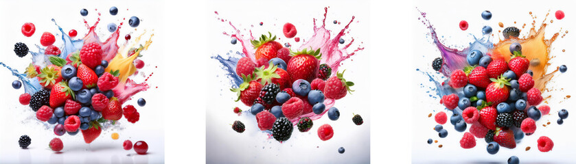 Aufkleber - Three colorful splashes of liquid and a mix of berries, including strawberries, raspberries, and blueberries.