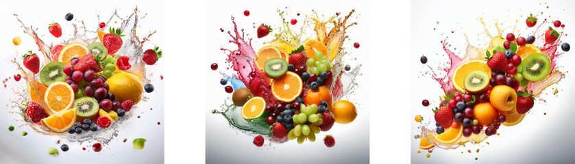 Poster - A colorful arrangement of fresh fruits,  like oranges, kiwi, and strawberries, is presented in a splash of juice.