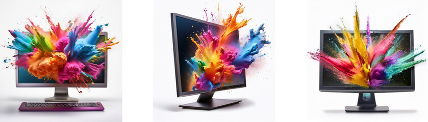 Aufkleber - Three computer monitors with vibrant colored paint splatters erupting from the screen.