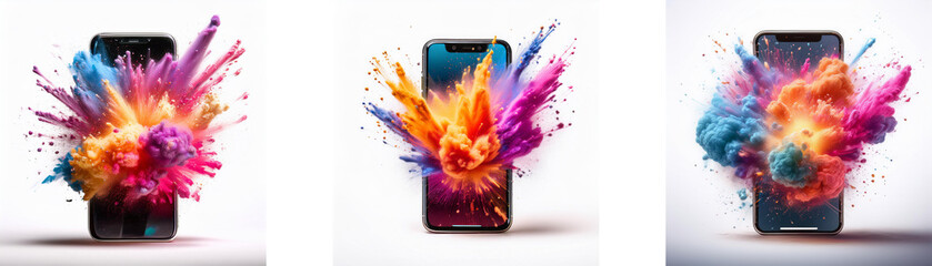 Poster - Three smartphones on white background, each with a colorful explosion of powder behind it.