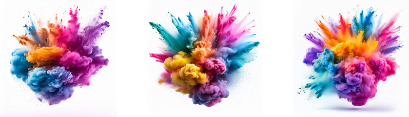 Poster - Three colorful powder explosions against a white background.