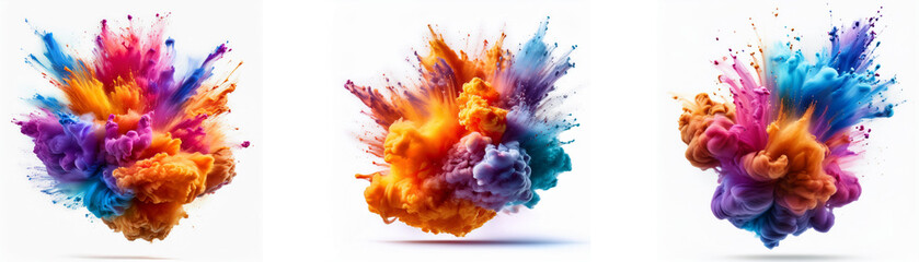 Poster - Three colorful, abstract explosions of paint on a white background.