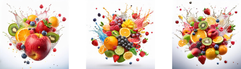 Poster - Three colorful fruit compositions with a splash of milk or juice creating a dynamic visual effect.