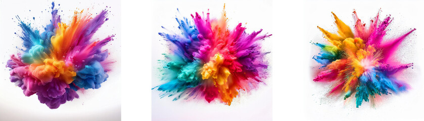 Poster - Three colorful powder explosions on a white background.
