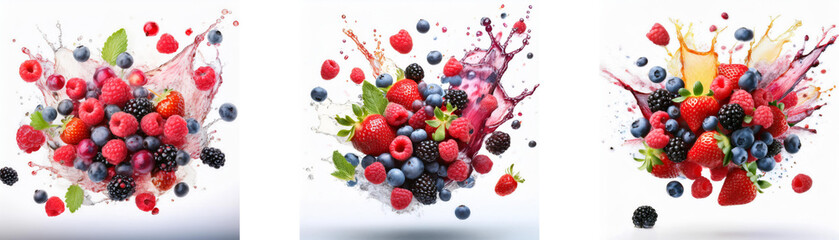 Poster - Three images with splashes of color show a variety of berries in a burst pattern.