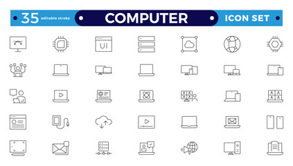 Computer icon set. Containing online, computer, network, website, server, web design, hardware, software monitor, smartphone, tablet and laptop, and programming. Editable stroke outline icon.
