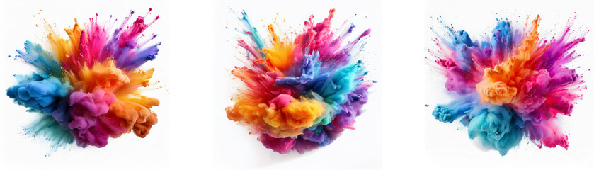 Poster - Three colorful explosions of powder against a white background.