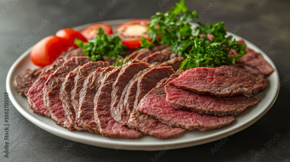 A plate of doner kebab, showing the sliced beef meat on top.