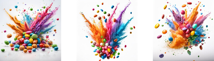 Poster - A colourful explosion with scattered round objects.