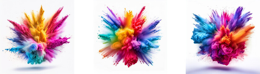 Poster - Three vibrant colored powder explosions on a white background.