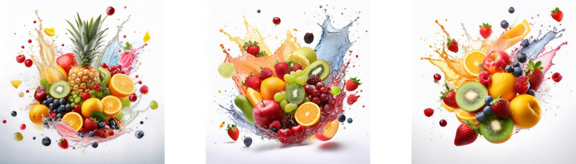 Poster - Three colorful still life images featuring a variety of fruits with splashes of juice.