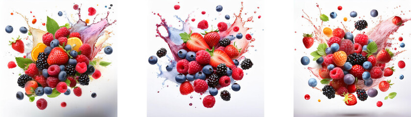 Aufkleber - Three images of fresh berries and a splash of liquid, with a white background.