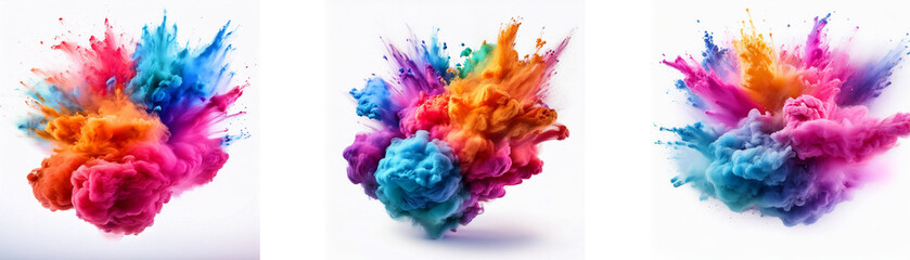 Poster - Three colorful paint explosions on a white background.