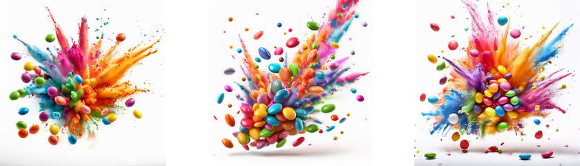 Poster - A white background with three colorful abstract paint explosions.