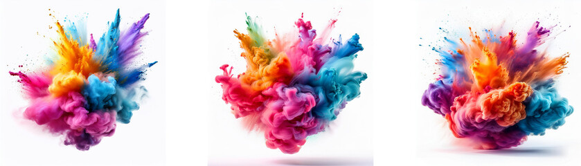 Aufkleber - Three colorful powder explosions isolated on a white background.