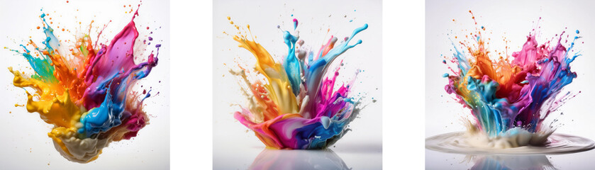 Poster - Three images show a burst of colorful paint on a white background.