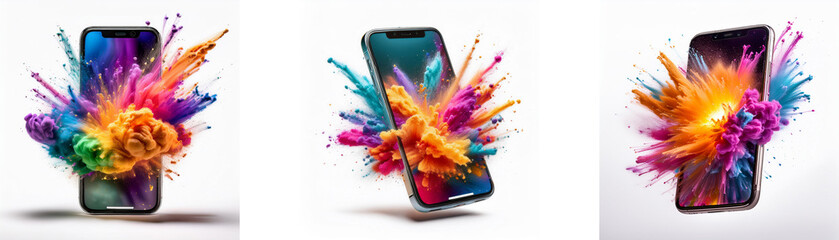Poster - Three black smartphones with colorful paint splashes bursting out of them.