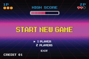 Poster - start new game. pixel art .8 bit game. retro game. for game assets .retro futurism sci-fi background