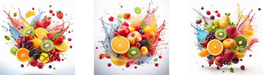 Poster - A splash of colorful liquid with fresh fruit, creating a vibrant and enticing display.