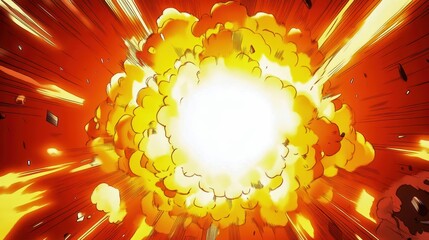 Poster - An intense explosion graphic with vibrant orange and yellow colors, featuring dynamic motion effects and a bright core.