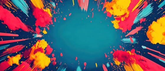 Poster - Vibrant abstract explosion with splashes of colors on a blue background, perfect for creative design projects.