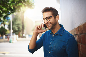 Poster - Travel, man and glasses in city for phone call, good news and weekend planning in town. Person, happy and conversation on mobile for connectivity, communication and networking on Italy vacation
