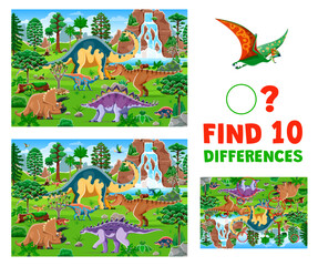 Aufkleber - Find ten differences between prehistoric dinosaurs. Educational game featuring vibrant landscapes with various dino species. Cartoon vector puzzle for children, enhancing attention to detail skills