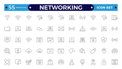 Networking icon set. Connections, relationships, online networking, community, events, and social network icons. computer, network, website, server, web design, hardware. Editable stroke outline icon.