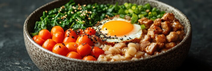 Vibrant Korean bibimbap bowl featuring fresh vegetables and a perfectly cooked egg, minimalistic backdrop enhancing the dish’s colors