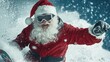 © pornchan - Santa Claus in snowboard gear with holiday patterns, snowy mountainside, dynamic winter shot, Snowboarding Santa, festive sports